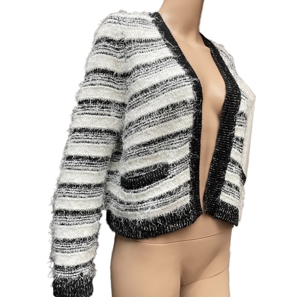 Calvin Klein black white striped eyelash fuzzy knit cropped open cardigan large - Picture 5 of 12